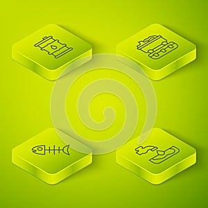 Set Isometric line Coal train wagon, Dead fish, Water problem and Barrel oil icon. Vector