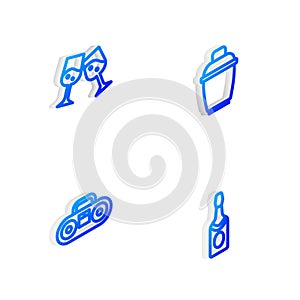 Set Isometric line Cocktail shaker, Glass of champagne, Home stereo with two speakers and Champagne bottle icon. Vector