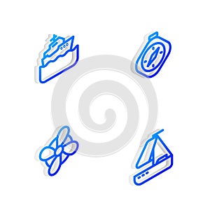 Set Isometric line Compass, Cruise ship, Boat propeller and Yacht sailboat icon. Vector