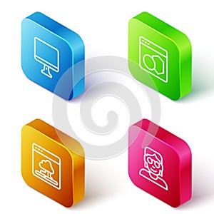 Set Isometric line Computer monitor screen, Software, Cloud technology data transfer and Hacker coder icon. Vector