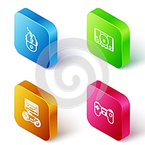 Set Isometric line Computer mouse gaming, Video game console, Game with joystick and Gamepad icon. Vector