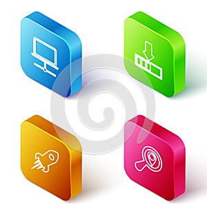 Set Isometric line Computer network, Loading, Rocket ship with fire and Search location icon. Vector