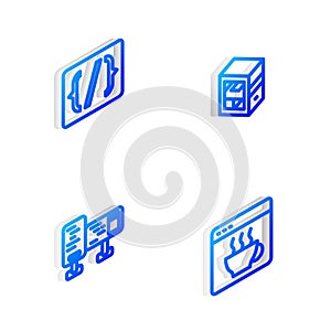 Set Isometric line Computer, Programming language syntax, monitor screen and Software icon. Vector