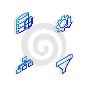 Set Isometric line Cost reduction, Server with shield, Hierarchy organogram chart and Sales funnel icon. Vector