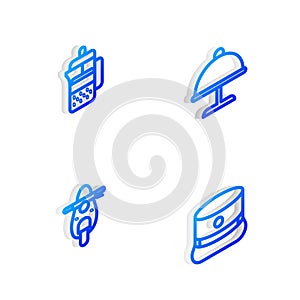 Set Isometric line Covered with tray, French press, Scooter and Kepi icon. Vector