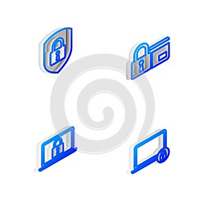 Set Isometric line Credit card with lock, Shield security, Laptop and and icon. Vector