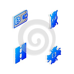 Set Isometric line Cryptocurrency bitcoin in circuit, wallet, Mining farm and CPU mining icon. Vector