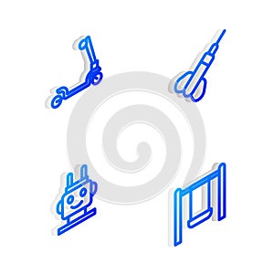 Set Isometric line Dart arrow, Roller scooter, Robot toy and Swing icon. Vector