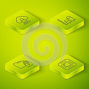 Set Isometric line Data analysis, Folder and lock, Processor with CPU and Cloud computing icon. Vector