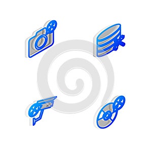 Set Isometric line Database server service, Photo camera, Security and CD or DVD disk icon. Vector