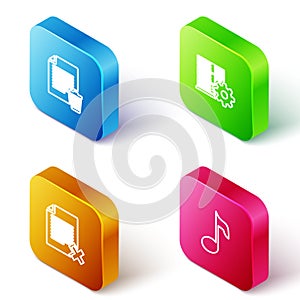 Set Isometric line Delete file document, Server setting, and Music note, tone icon. Vector
