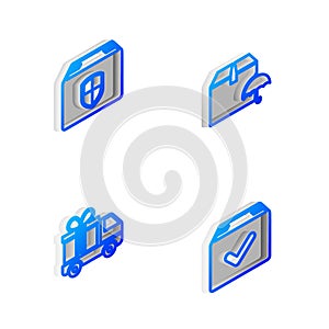 Set Isometric line Delivery package with umbrella, box security shield, truck gift and Package check mark icon. Vector