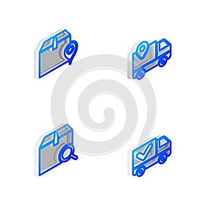Set Isometric line Delivery tracking, Location with cardboard box, Search package and truck check mark icon. Vector