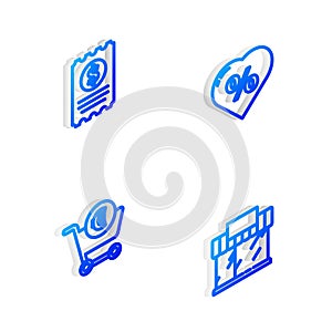 Set Isometric line Discount percent tag in heart, Paper check and financial check, Shopping cart euro and building or