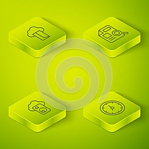 Set Isometric line Document with graph chart, Cloud database, Clock and icon. Vector