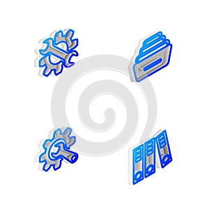 Set Isometric line Drawer with documents, Wrench and gear, and Office folders icon. Vector