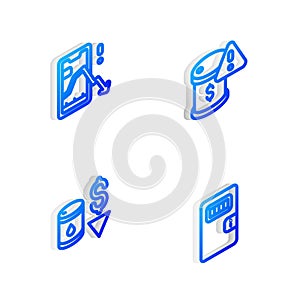 Set Isometric line Drop in crude oil price, Mobile stock trading, and Prison cell door icon. Vector