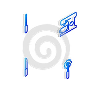 Set Isometric line Electric mixer, Knife sharpener, and Pizza knife icon. Vector