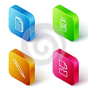 Set Isometric line File document, Printer ink bottle, Pencil with eraser and Torn icon. Vector