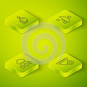 Set Isometric line Filter setting, Cloud technology data transfer, and Data export icon. Vector