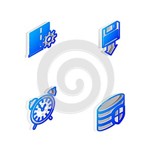 Set Isometric line Floppy disk backup, Server setting, Alarm clock and Database protection icon. Vector