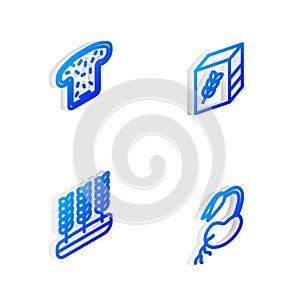 Set Isometric line Flour pack, Bread toast, Wheat and Sprout icon. Vector