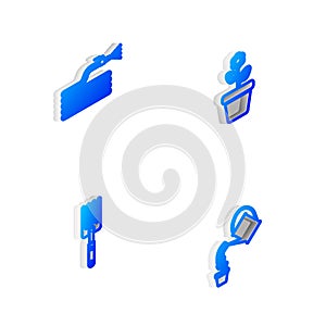 Set Isometric line Flower in pot, Garden hose or fire hose, fork and Watering can icon. Vector
