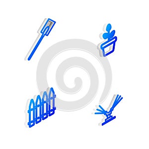 Set Isometric line Flowers in pot, Garden shovel, fence and Automatic irrigation sprinklers icon. Vector