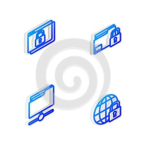 Set Isometric line Folder and lock, Secure your site with HTTPS, SSL, FTP folder and Global lockdown icon. Vector