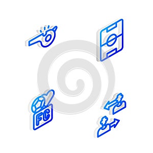 Set Isometric line Football field, Whistle, Fan club football and Substitution player icon. Vector