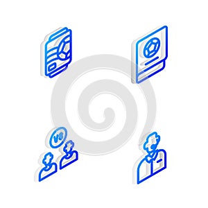 Set Isometric line Football learning book, Beer can, or soccer player and commentator icon. Vector