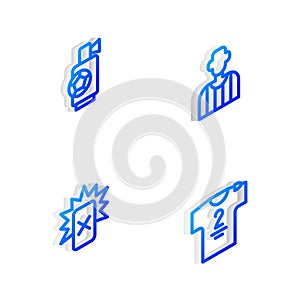 Set Isometric line Football or soccer referee, Air horn, Red card football and jersey and t-shirt icon. Vector