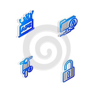 Set Isometric line FTP folder and lock, Computer api interface, Electric scooter and Open padlock icon. Vector