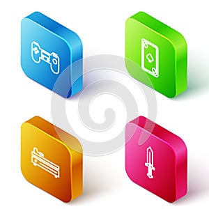 Set Isometric line Gamepad, Playing card with diamonds, Video game console and Sword for icon. Vector