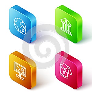 Set Isometric line Global economic crisis, Bank building, news and Drop crude oil price icon. Vector