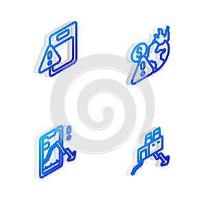 Set Isometric line Global economic crisis, , Mobile stock trading and Shutdown of factory icon. Vector