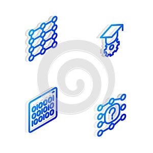 Set Isometric line Graduation cap, Neural network, Binary code and icon. Vector