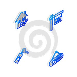Set Isometric line Hanging sign with For Sale, House check mark, key and Sold icon. Vector