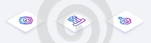 Set Isometric line Headshot, Arson home and Poison in bottle. White square button. Vector