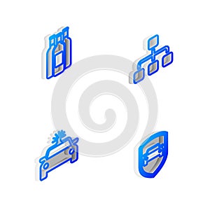 Set Isometric line Hierarchy organogram chart, Bottles of wine, Police car and flasher and Car protection insurance icon