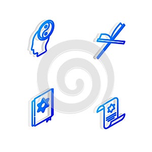 Set Isometric line Holy book of Koran, Yin Yang, Jewish torah and Torah scroll icon. Vector