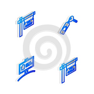 Set Isometric line House with key, Hanging sign For Rent, Open house and Sale icon. Vector