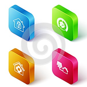 Set Isometric line House under protection, Thermostat, Smart home and with solar panel icon. Vector