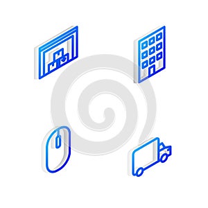 Set Isometric line House, Warehouse, Computer mouse and Delivery cargo truck icon. Vector