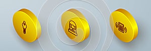 Set Isometric line Key, Ringing alarm bell and Security keypad access panel icon. Vector