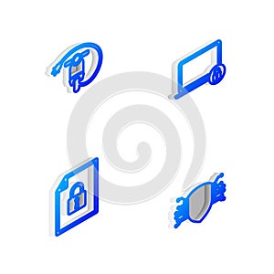 Set Isometric line Laptop and lock, Electric scooter, Document and Cyber security icon. Vector