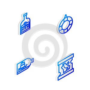 Set Isometric line Lifebuoy, Alcohol drink Rum bottle, Bottle with ship inside and Pirate treasure map icon. Vector