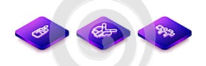 Set Isometric line Lighter, Slingshot and Sniper optical sight icon. Vector