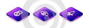 Set Isometric line Lock, Cloud computing lock and Ringing alarm bell icon. Vector