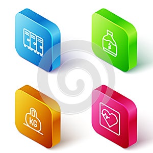 Set Isometric line Locker or changing room, Sports nutrition, Weight and Heart rate icon. Vector